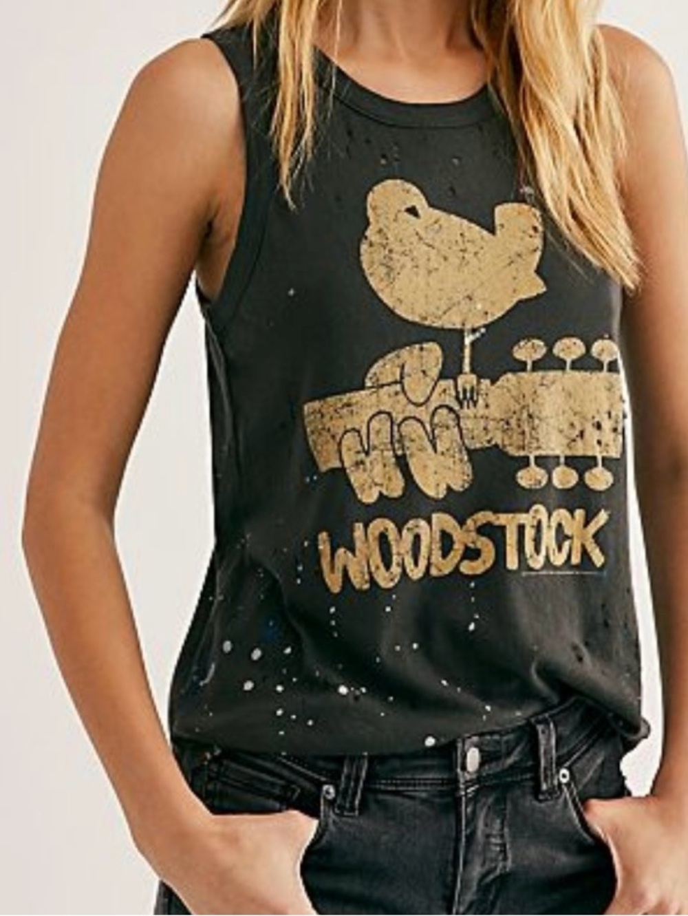 ChaserXFree People Colab Graphic Band Tank Tee with Gold Distressed Woodstock